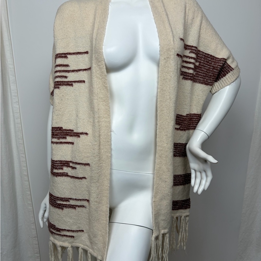 Anthropologie Cream Fringe Open-Front Poncho with Brown Geometric Accents - Picture 2 of 7